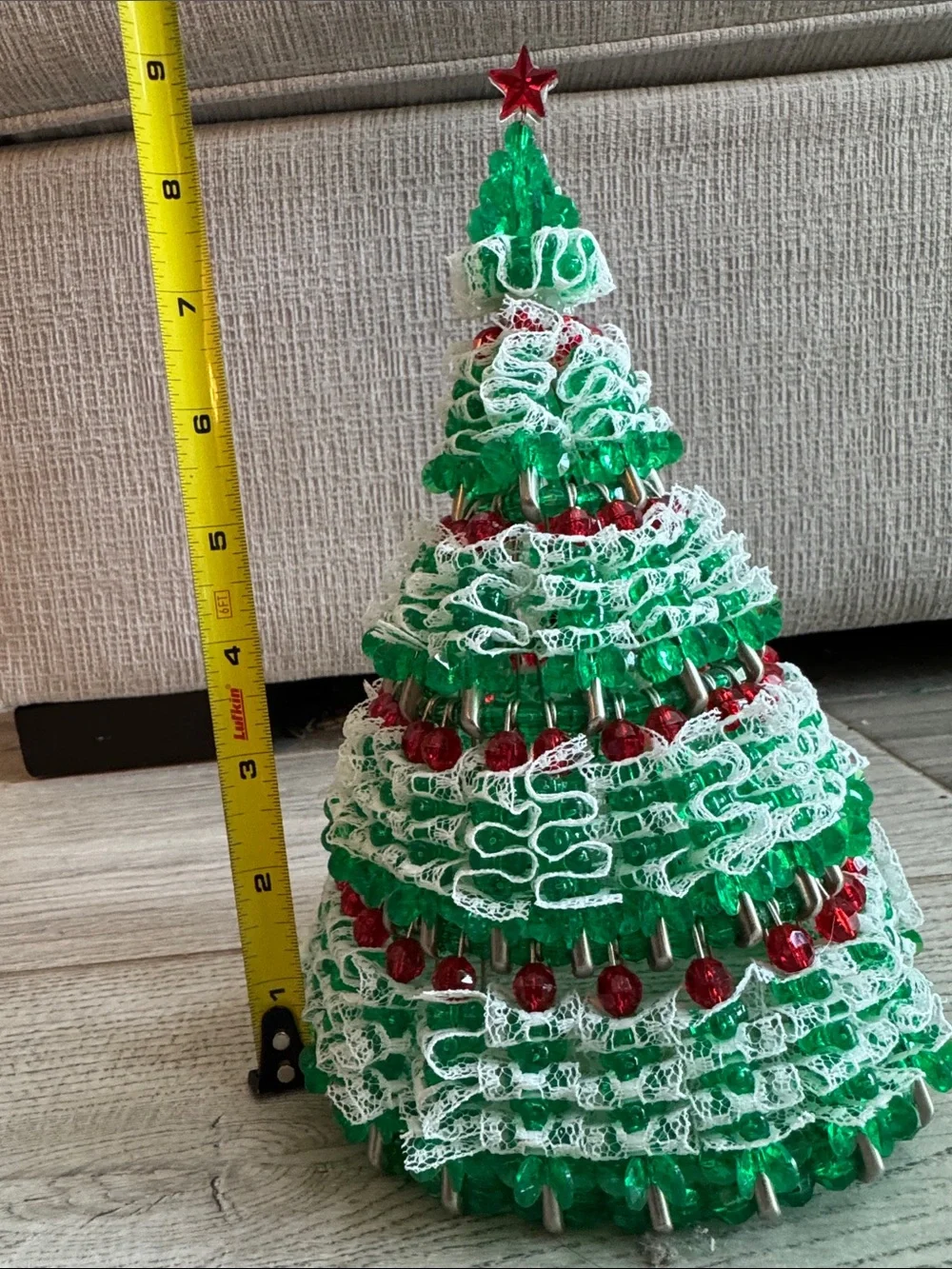Handmade Safety Pin Green and White Holiday Tree Decor with Red Beads and lace